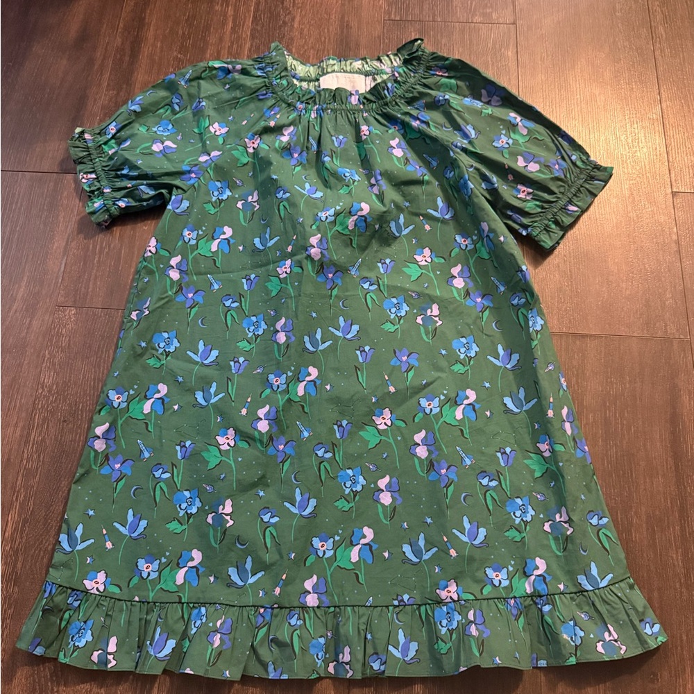 Hill House green floral smocked-neck dress with blue and pink flowers